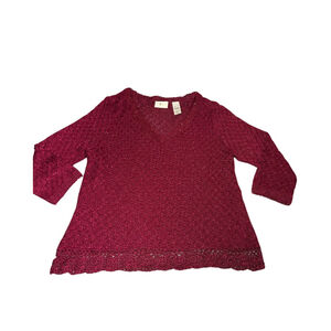 YZZA Metallic Burgundy Crochet Knit Sweater XL Valentines Top Shirt 3/4 Sparkle